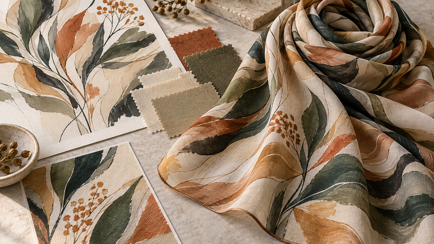 Custom crepe scarf development with printed artwork, textured swatches and finished hem