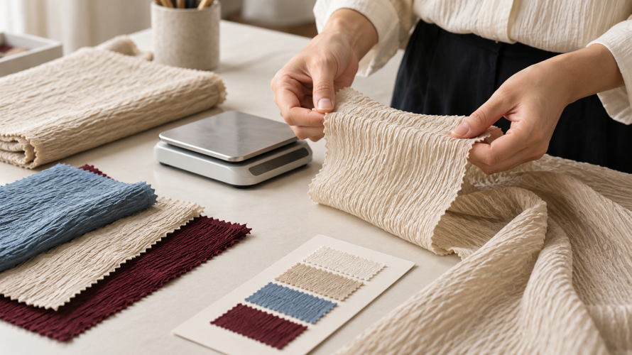 what is crinkle fabric buyer checks Crinkle fabric buyer checks with texture recovery, care card, weight scale and finished sample