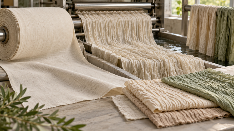 what is crinkle fabric process Crinkle fabric finishing workflow with smooth greige cloth, controlled texture and finished rippled swatches