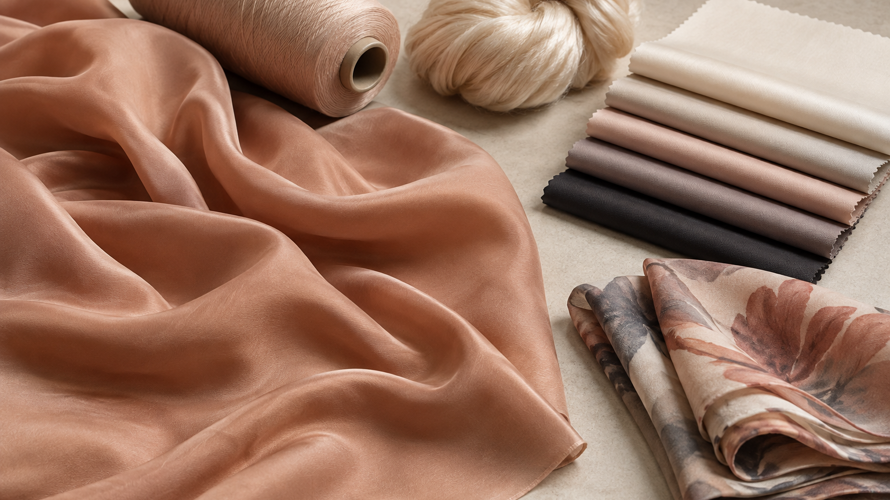Cupro fabric swatches with fluid drape, smooth surface, cellulose fibre references, lining samples and care cards