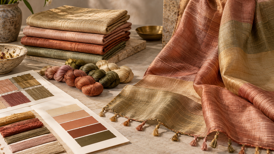 Custom dupioni silk development with colour standards, yarn samples and structured scarf or panel