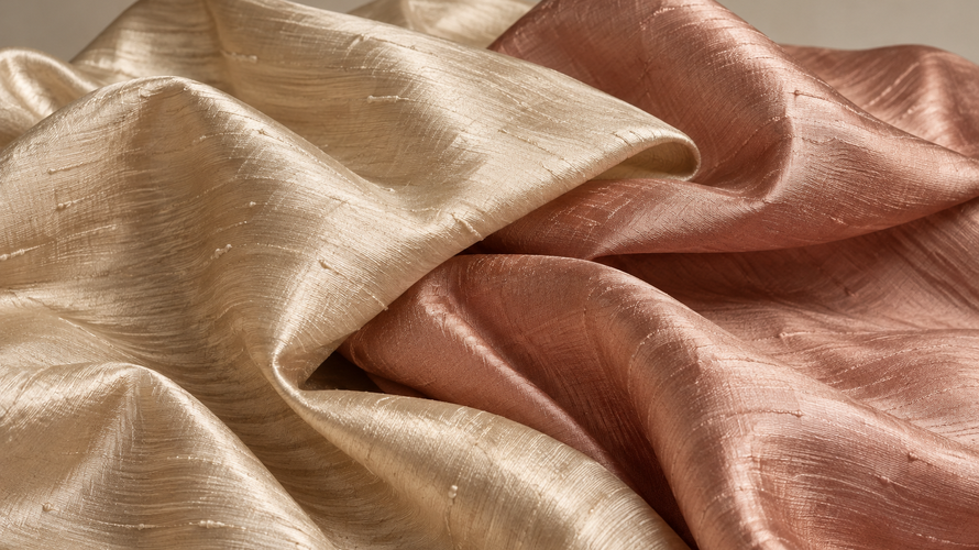 Silk dupioni fabric with visible slubs and crisp sheen in champagne and muted rose