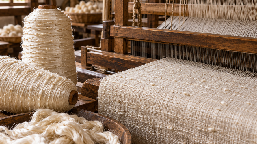 Silk dupioni yarns, slub character and plain-weave production detail on a textile loom