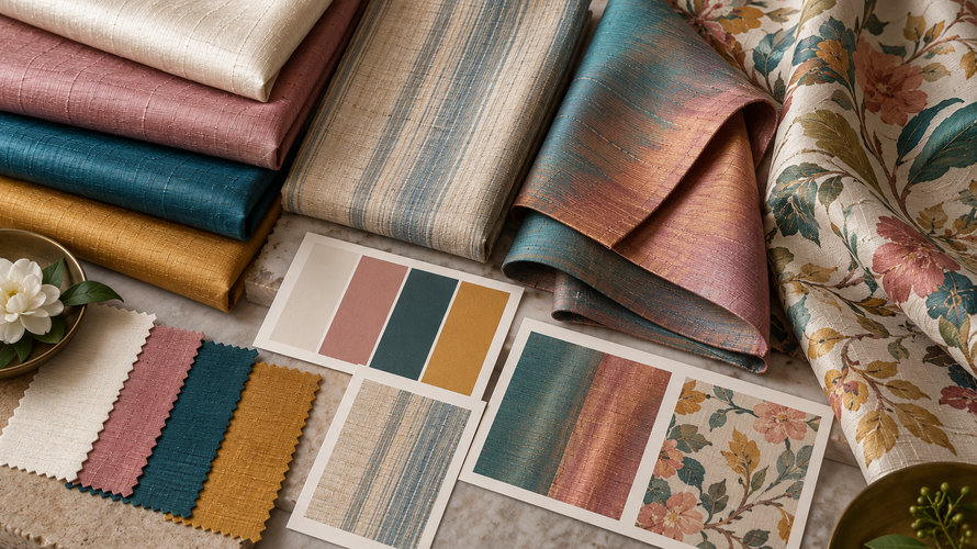 Silk dupioni swatches in plain dyed, yarn dyed, two tone and printed directions