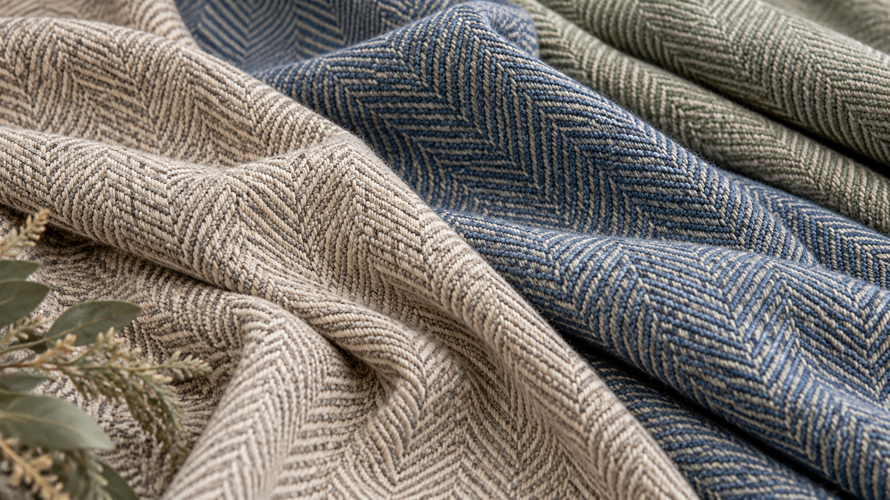 Herringbone woven fabric close-up showing broken V-shaped twill lines in neutral and blue yarns