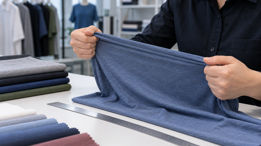 Jersey buyer checks with fibre, knit structure, GSM, stretch, recovery, width, shrinkage and pilling records