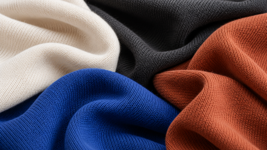 Jersey knit fabric swatches, loop close-up, yarn cones, single jersey and interlock samples on a neutral textile table