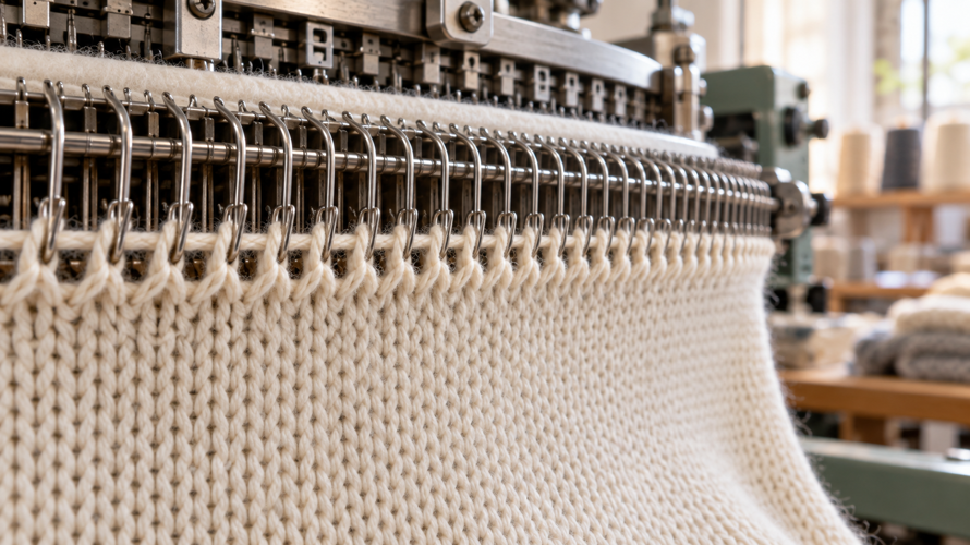 Jersey knit production with yarn feeding, needle loops, single jersey face and reverse, finishing and fabric rolls