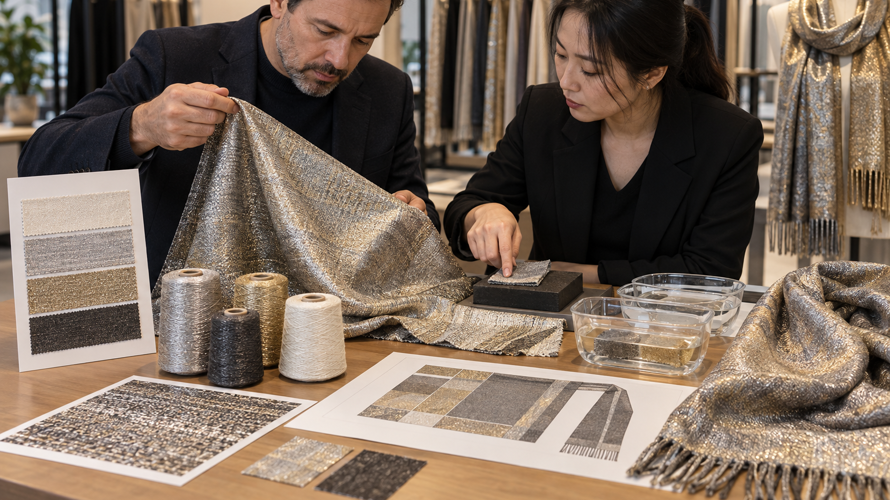 Lurex buyer checks with metallic coverage, yarn attachment, snagging, rubbing, wash, colour, seam and finished sample records