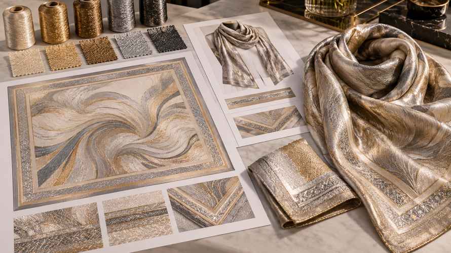 Custom metallic scarf development with Lurex yarn, silk base, artwork layout, colour cards and finished hem samples