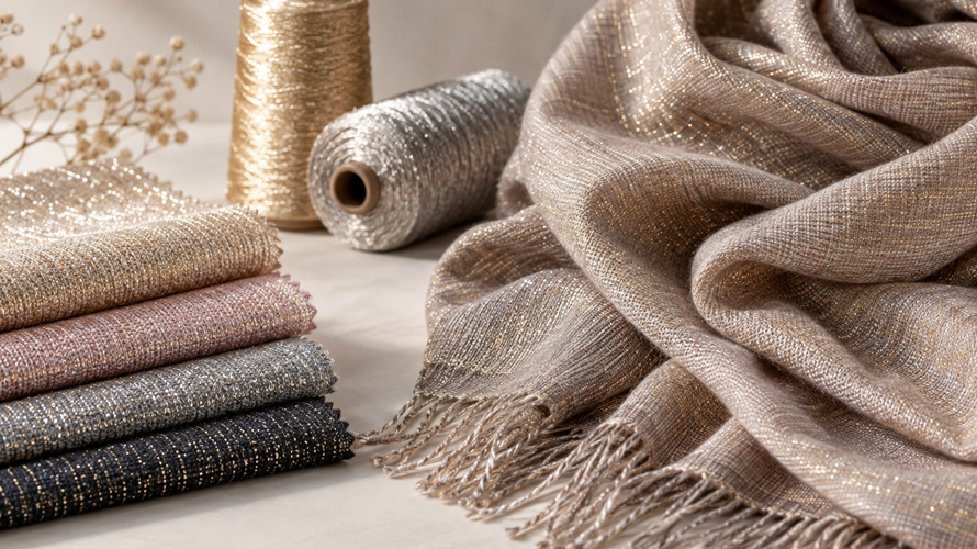 Lurex metallic yarn and fabrics with gold and silver threads woven into silk, polyester and knit textile samples