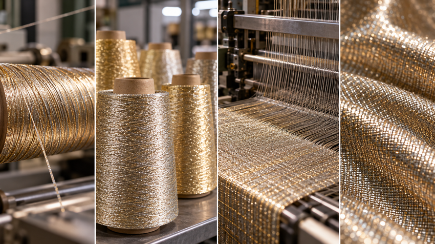 Lurex metallic yarn development with coated film, slit strips, yarn twisting, weaving and finished shimmering fabric