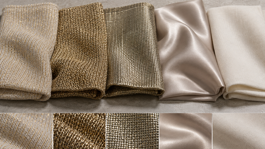 Metallic yarn, wrapped Lurex, woven sparkle, knitted lurex and silk-blend fabric swatches compared by surface