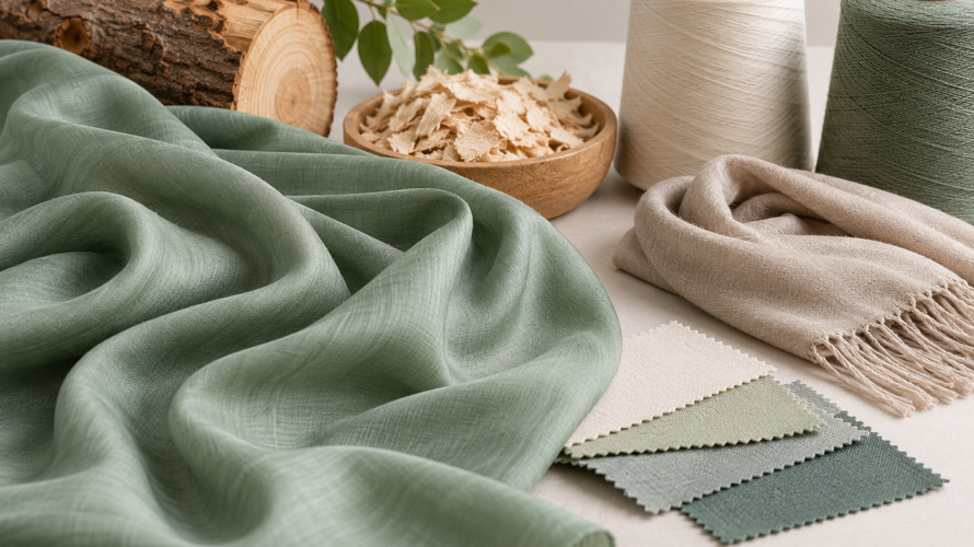 Lyocell fabric swatches with smooth drape, cellulose pulp reference, yarn cones, TENCEL label card and care samples