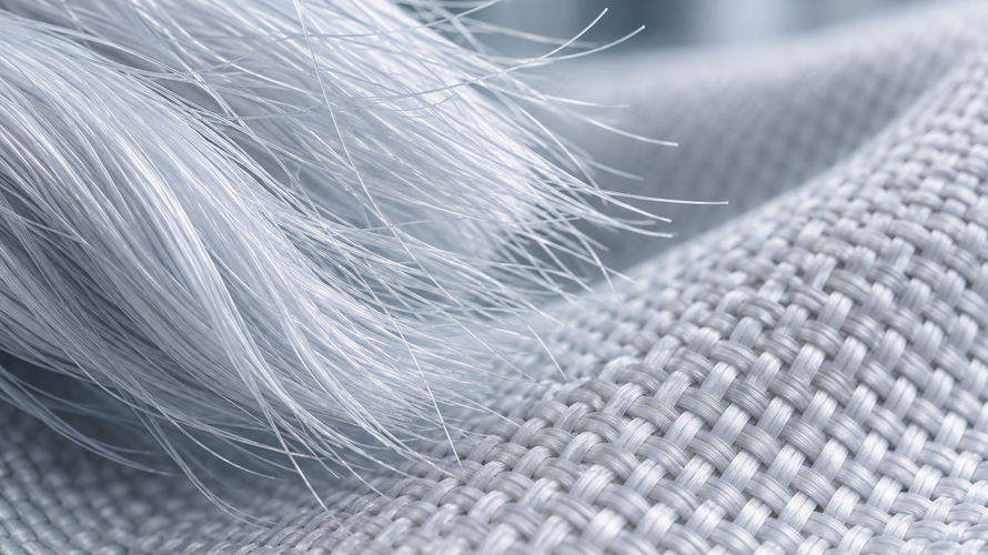 Microfiber textile swatches, fine synthetic yarn cones, split-fibre close-up and finished fabric samples on a neutral table