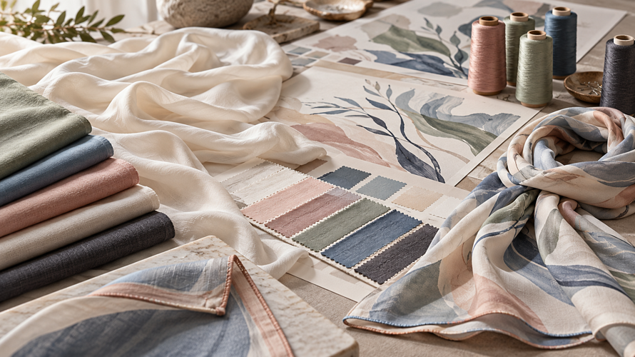 Custom scarf material selection with milk silk alternatives, colour cards and finished sample review