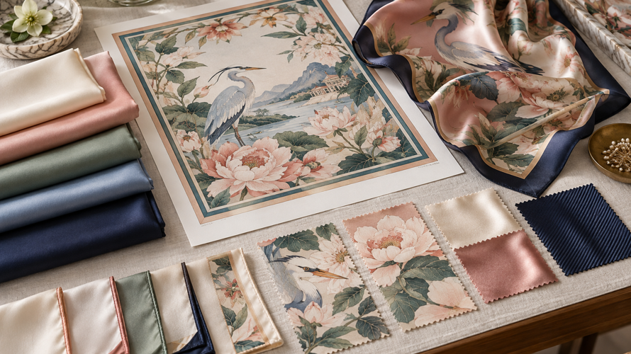 Modal or silk scarf development with artwork, fibre labels, colour cards, strike-off and finished hem samples