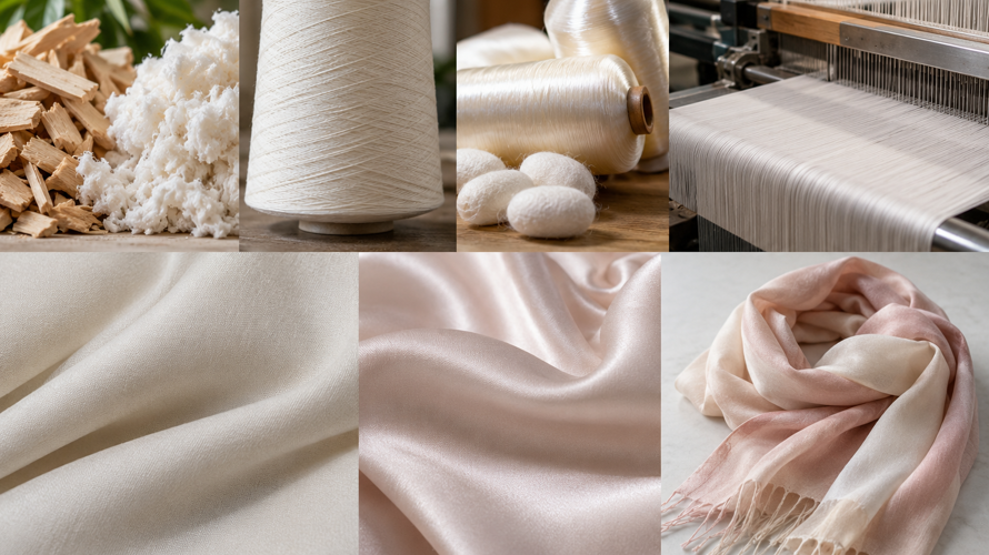 Modal and silk material comparison with cellulose pulp, silk filament, yarn cones, weaving and finished draped swatches
