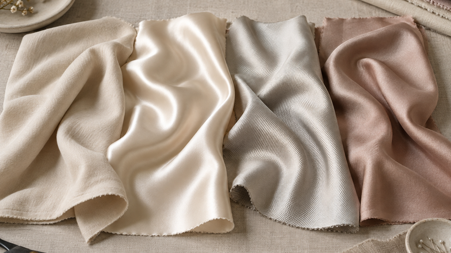 Modal, silk, modal blend, silk satin, silk twill and printed fabric swatches compared by hand and construction