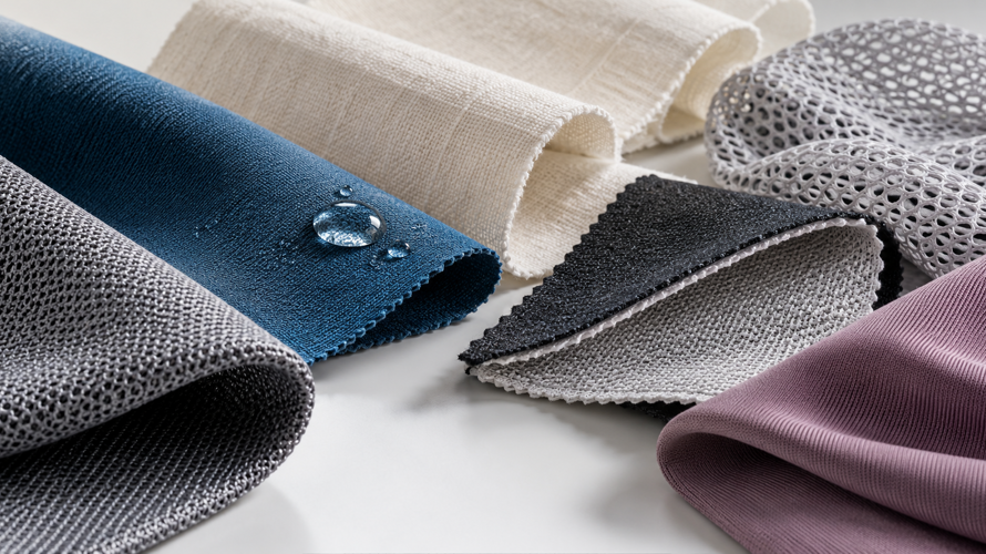 Wicking fabric directions including synthetic knit, cotton, viscose blend and treated textile swatches