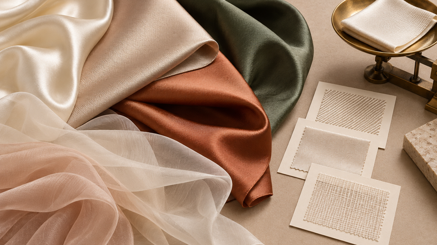Silk fabric swatches labelled with different momme weights beside a scale, weave cards and scarf sample