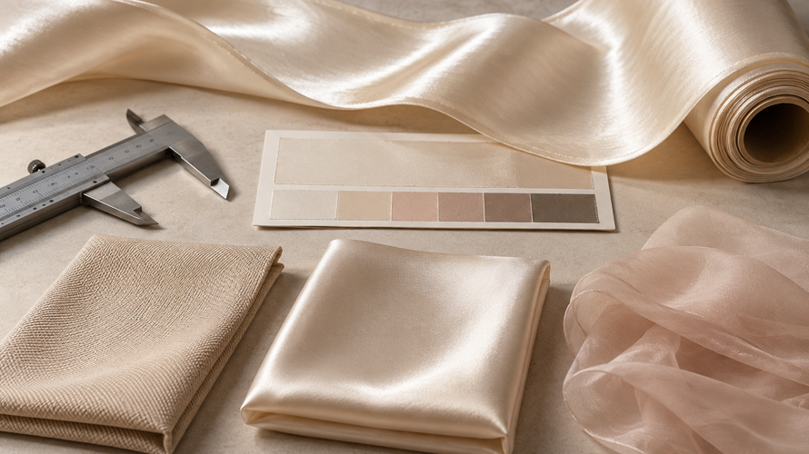 what is momme silk process Momme silk measurement concept with silk fabric strip, scale, area reference, weave cards and specification sheet