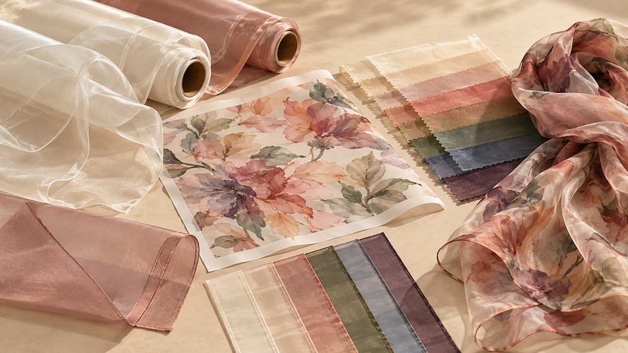 Custom organza scarf and overlay development with printed strike-off, border, hem and layered sample review