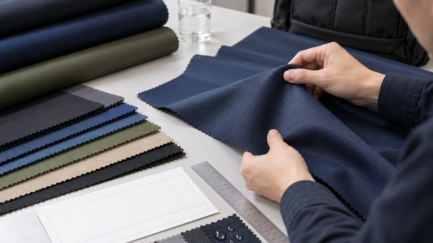 Oxford fabric buyer checks with fibre, denier, GSM, density, coating, colour, abrasion, water and finished sample records