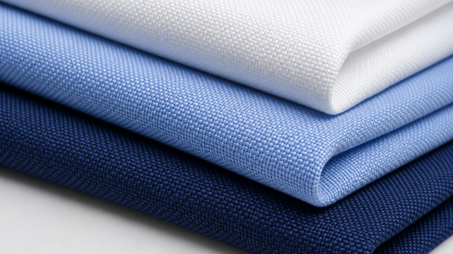 Oxford fabric swatches, basket weave close-up, polyester and cotton yarns, coated textile samples and ruler on a neutral table