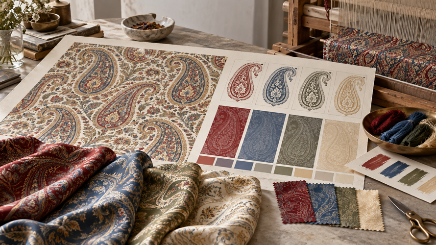 what is paisley process Paisley textile development with boteh motif artwork, repeat tiles, colour separations and fabric swatches