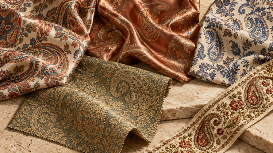 what is paisley types Paisley pattern directions across silk twill, satin, cotton and jacquard fabric swatches