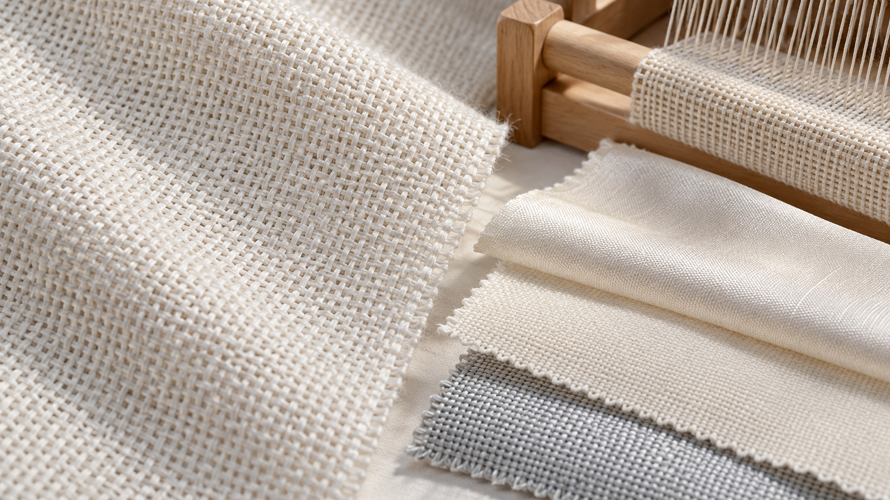 Plain weave fabric close-up with visible warp and weft beside silk, cotton and polyester plain-weave swatches