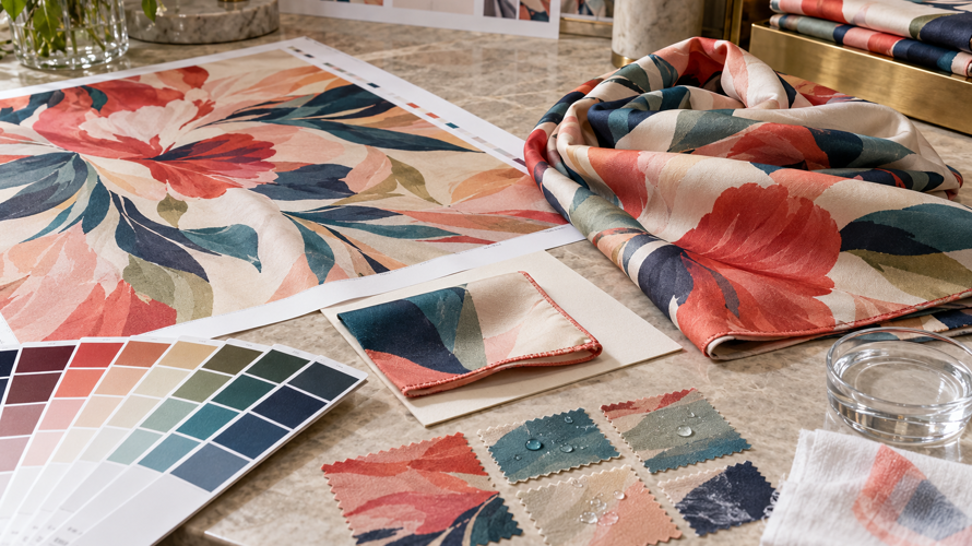 Custom polyester scarf development with print strike-off, colour cards, hem samples and easy-care testing
