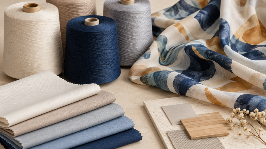 Polyester textile swatches, yarn cones, printed scarf panels and care cards arranged on a neutral textile worktable