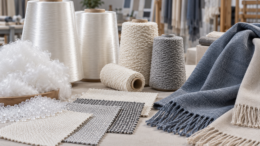 Polyester fibre and yarn development with polymer filament, textured yarn, woven swatches and finished scarf panels