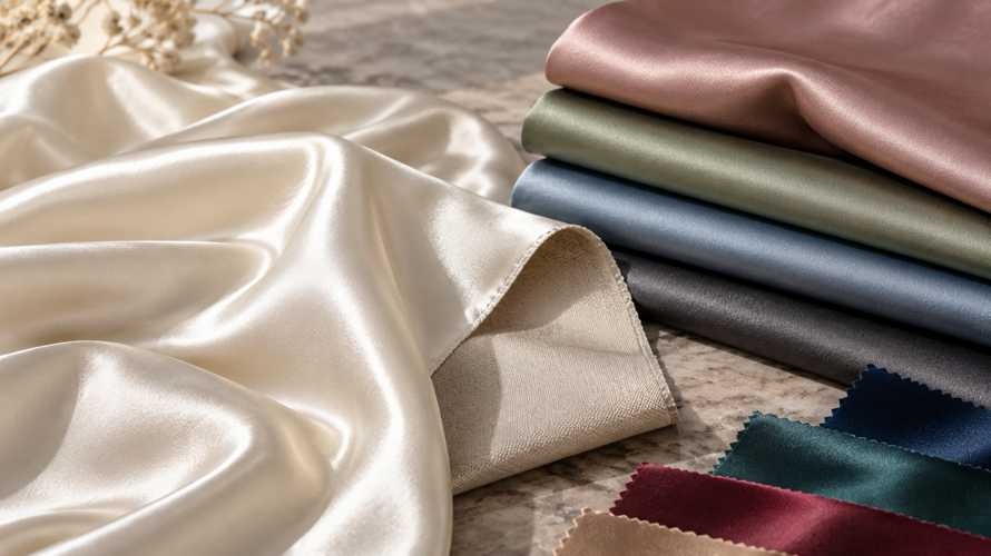 Polyester satin fabric with smooth reflective face, matte reverse and folded swatches in neutral and jewel tones