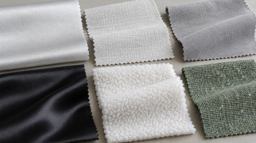 Filament, spun, microfibre, satin, fleece and recycled polyester fabric swatches compared by surface and construction