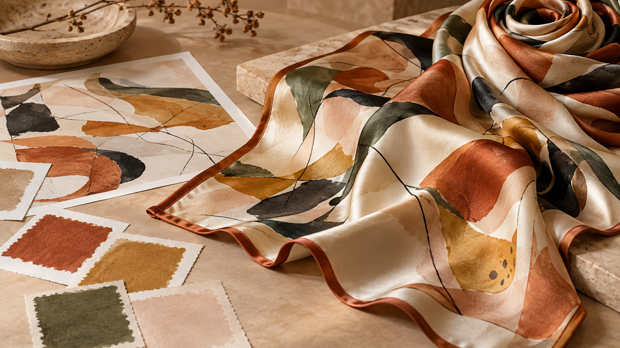 Custom satin scarf development with artwork swatches, polished surface and finished rolled hem