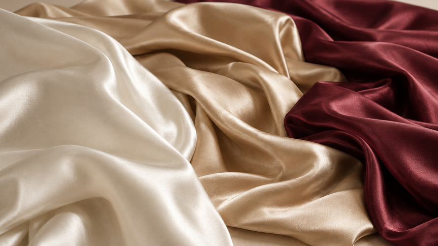 Smooth satin fabric in ivory champagne and muted burgundy with a soft reflective surface