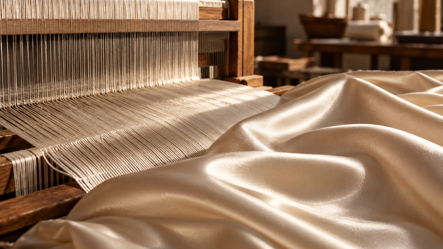 Satin weave structure with long floats shown on a loom beside smooth satin fabric