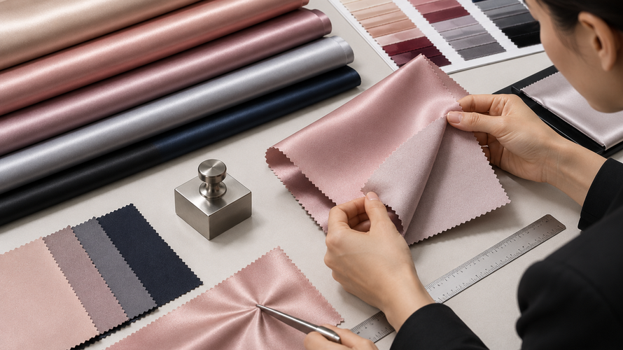 Silk satin polyester satin acetate satin and matte satin swatches compared on a neutral table