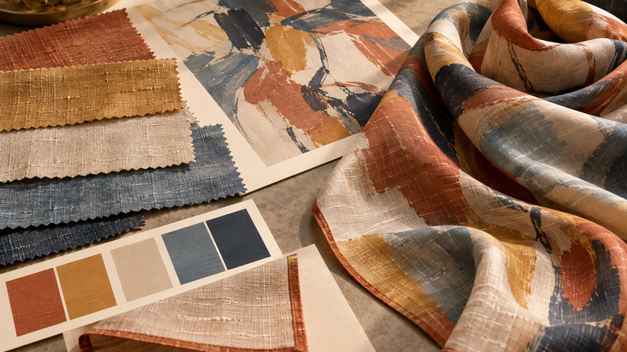 Custom shantung scarf development with textured swatches, artwork and finished hem approval