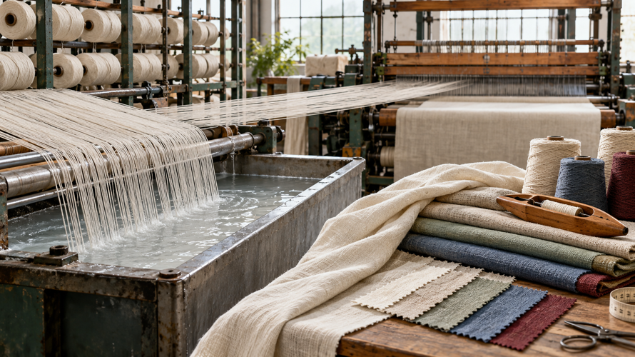 Textile sizing process with warp yarns, sizing bath, loom preparation and finished fabric samples