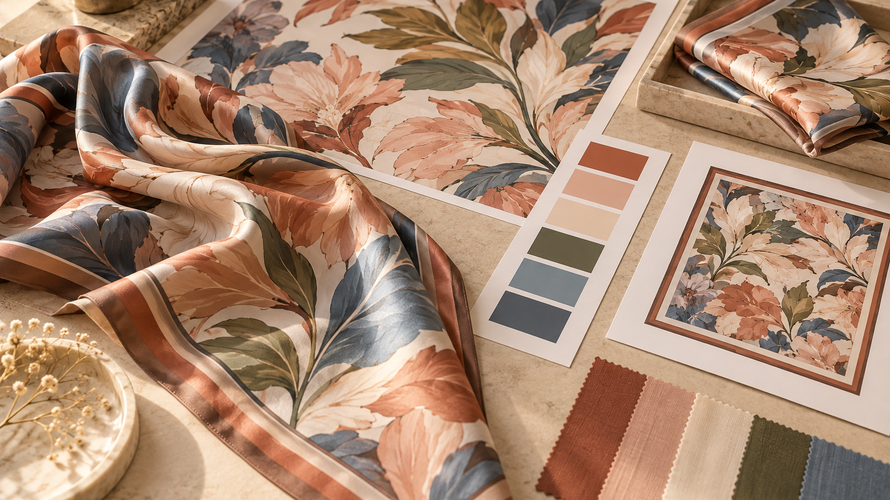 Custom printed scarf development using sublimation artwork, fabric swatches and finished sample approval