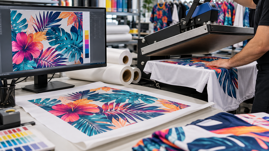 Dye sublimation printing workflow with digital artwork, transfer paper, heat press and polyester textile