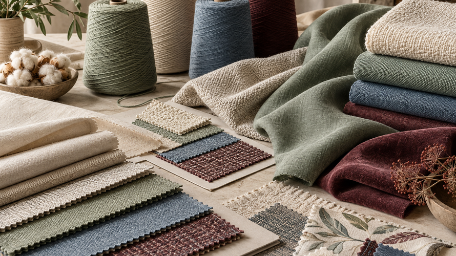 Organised textile material swatches, yarn cones and finished fabric samples on a neutral worktable