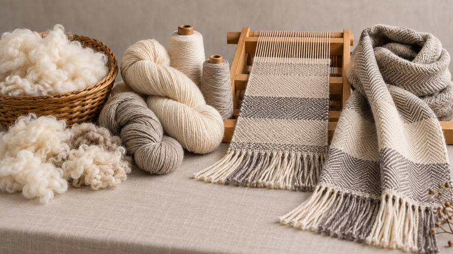 Textile production stages from fibre and yarn to woven fabric and finished product samples
