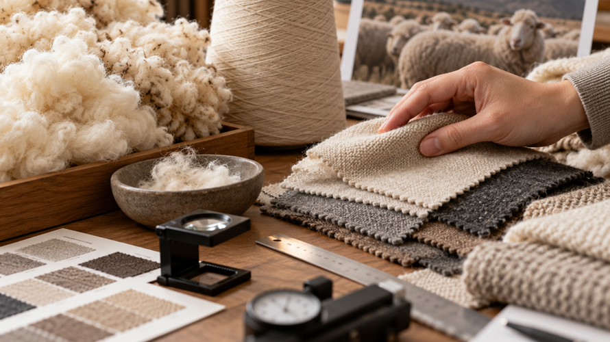 Wool buyer checks with fibre fineness, weight, weave, pilling, shrinkage, colour and care test samples