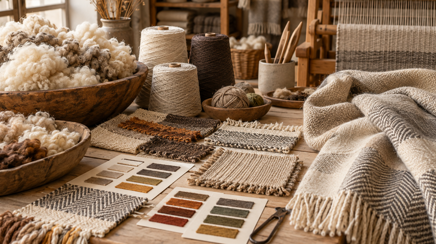 Custom wool scarf development with yarn cards, woven swatches, colour artwork and finished fringed sample