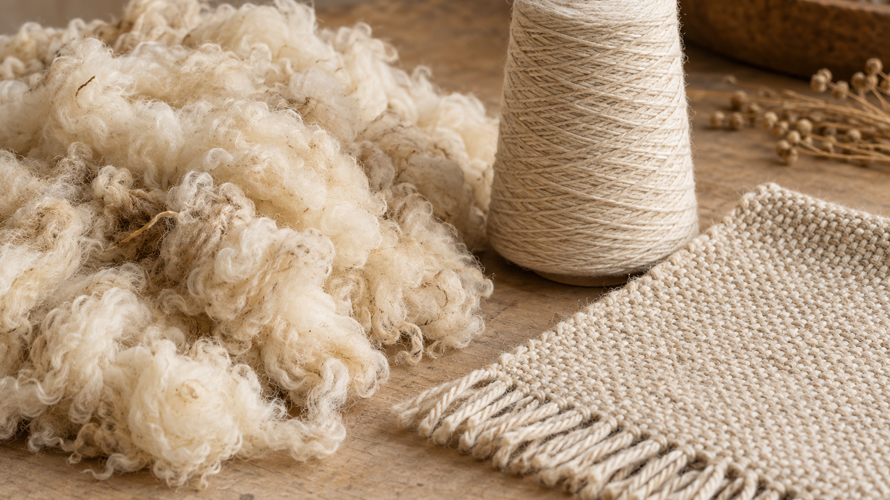 Wool textile development with natural fibre tufts, yarn cones, spinning reference, woven cloth and finishing samples